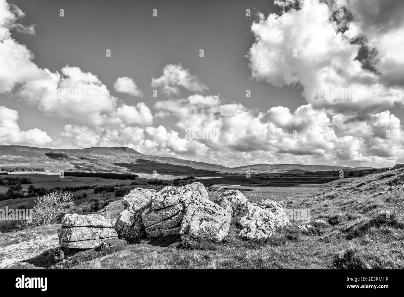 England. Fabulous summer scenery in monochrome of Whernside the highest of the Yorkshire Dales Three Peaks seen here from above Chapel Le Dale along with limestone boulders, relics of the ice-age. Stock Photo