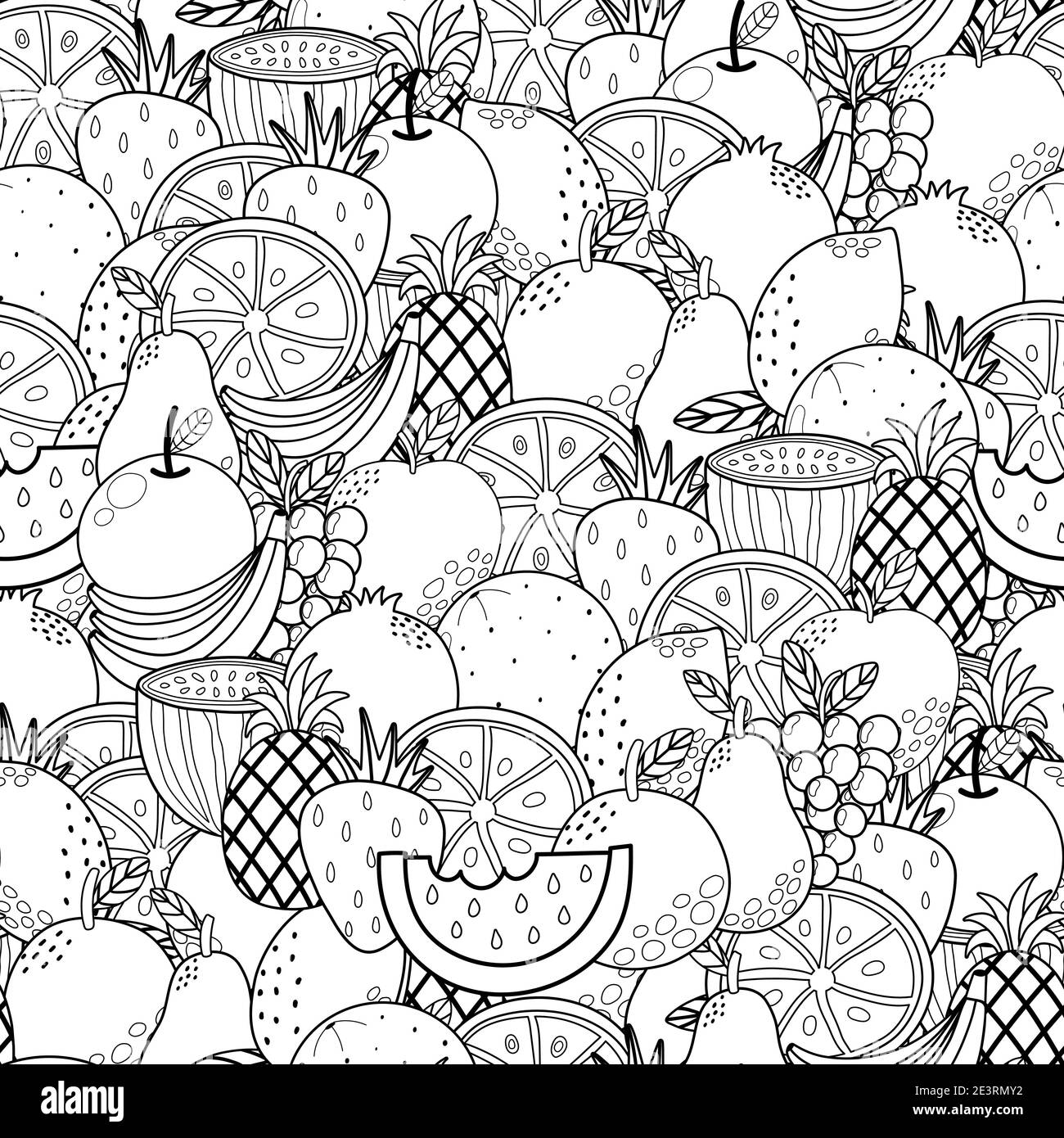 Doodle fruits black and white seamless pattern. Healthy food coloring page Stock Vector