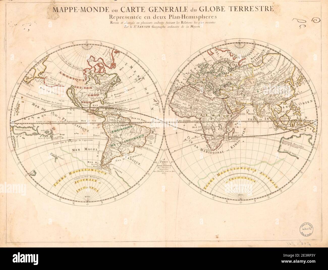 Mappe-monde, ou carte generale du globe terrestre - representée en deux plan-hemispheres - reveiie et changée en plusieurs endroits suivant les relations les plus recentes Stock Photo