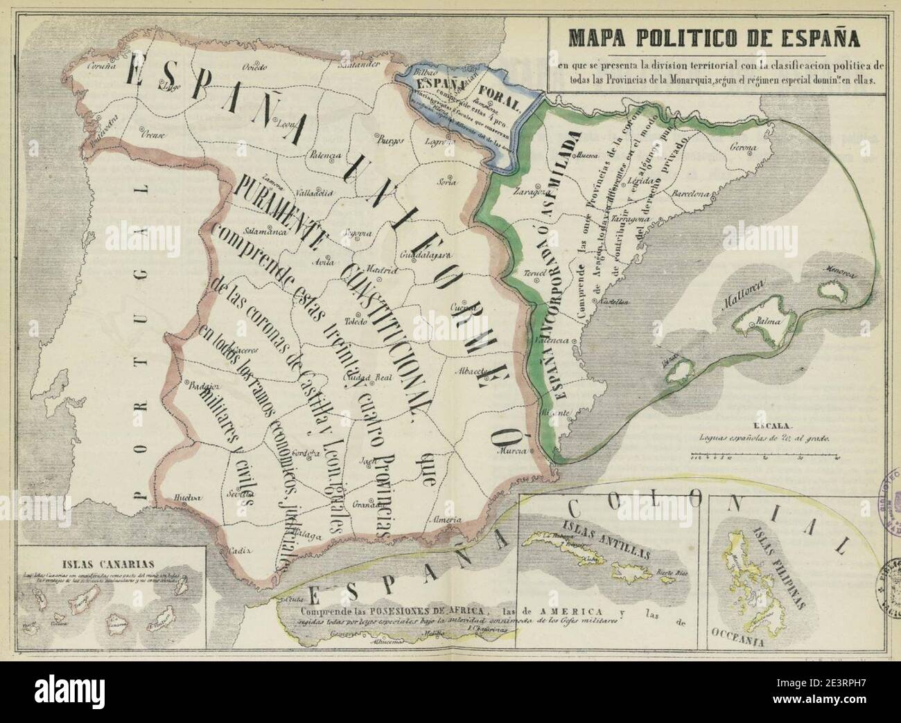 Mapa político de España, 1850. Stock Photo