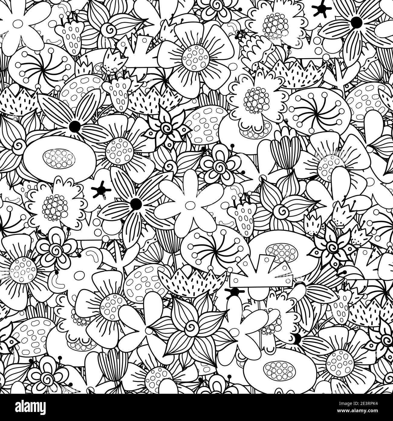 Fantasy garden seamless pattern. Doodle flowers coloring page. Black and white floral print Stock Vector