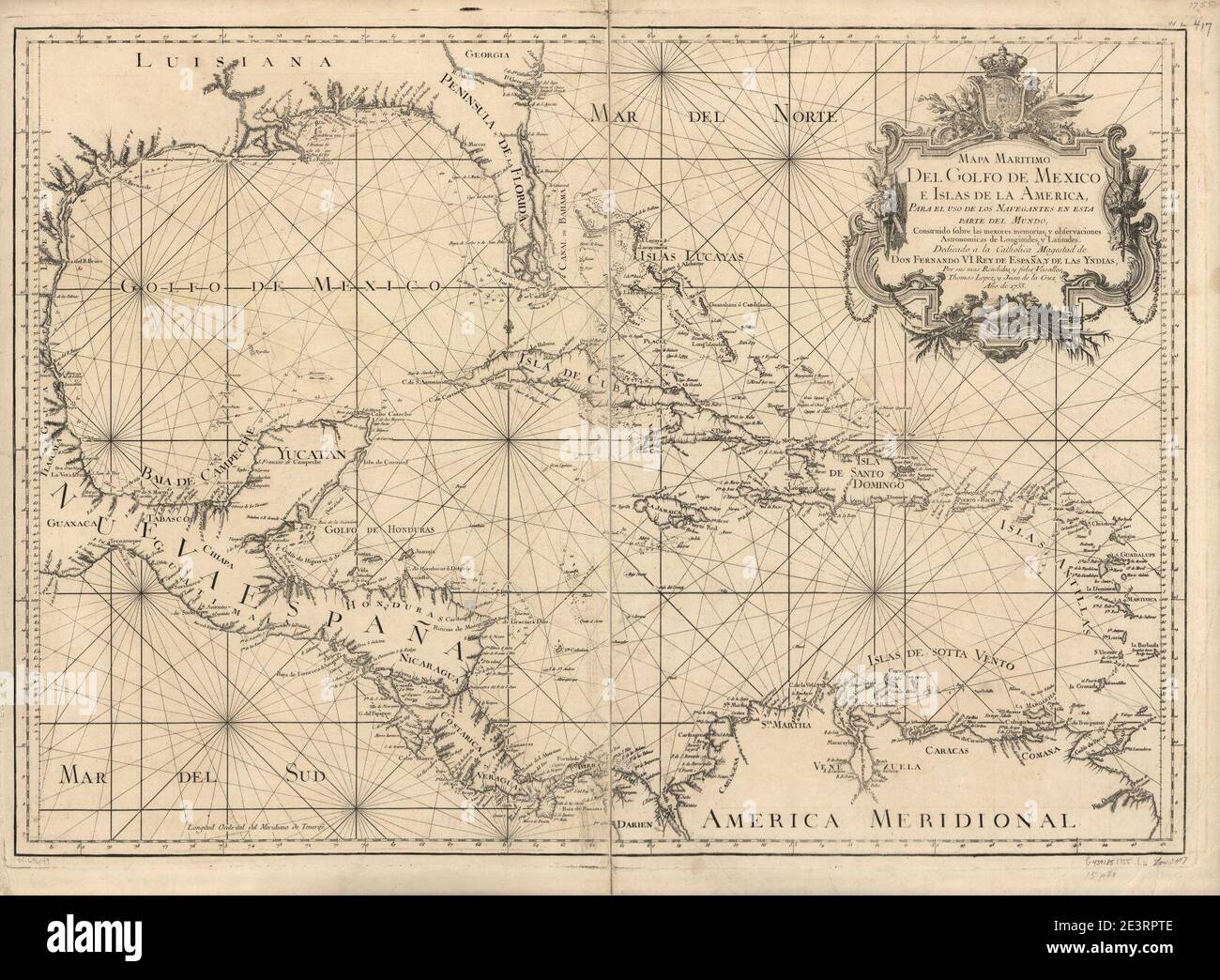 Mapa maritimo del Golfo de Mexico e islas de la America, para el uso de los navegantes en esta parte del mundo, construido sobre las mexores memorias, y observaciones astronomicas de longitudes, y Stock Photo