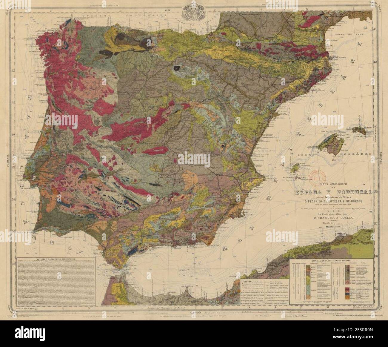 Mapa geológico de España y Portugal, por el ingeniero de minas D. Federico de Botella y de Hornos. Stock Photo