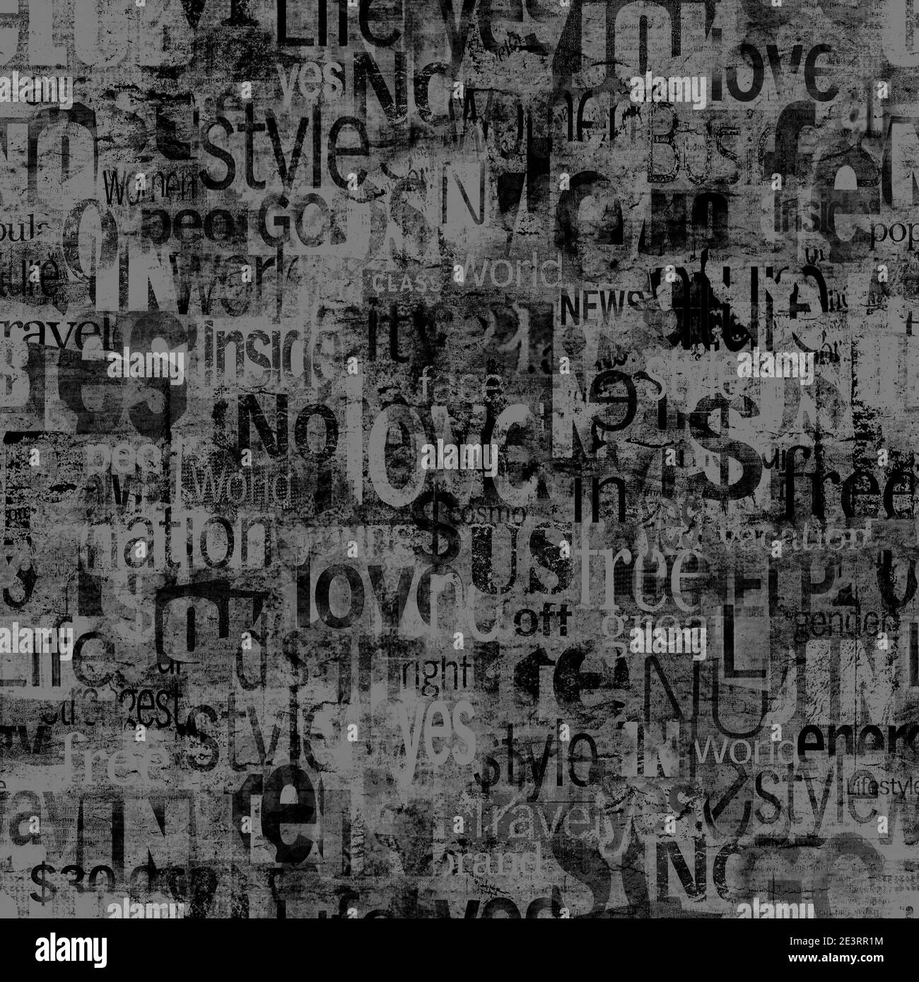 Abstract grunge urban geometric words, letters seamless pattern. Aged newspaper, magazine textured paper background. Black grey collage repeating text Stock Photo