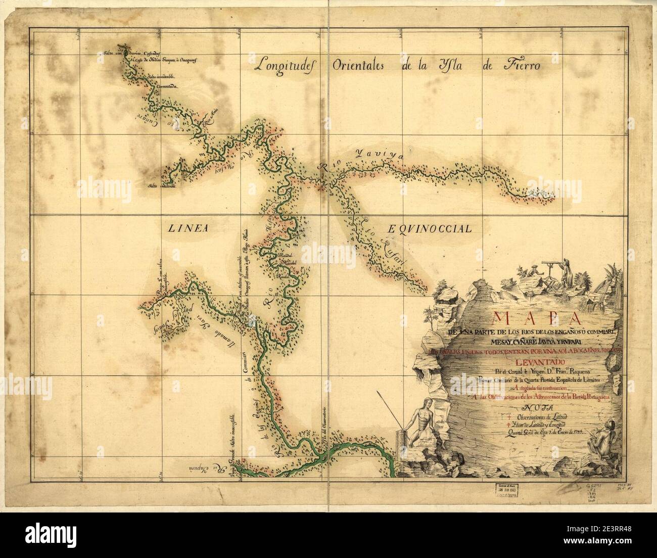 Mapa de una parte de los Rios de los Engaños o Commiari, Mesay, Cuñaré, Jauiyá y Rufari - los quales, unidos todos, entran por una sola boca en el Rio Yapurá Stock Photo