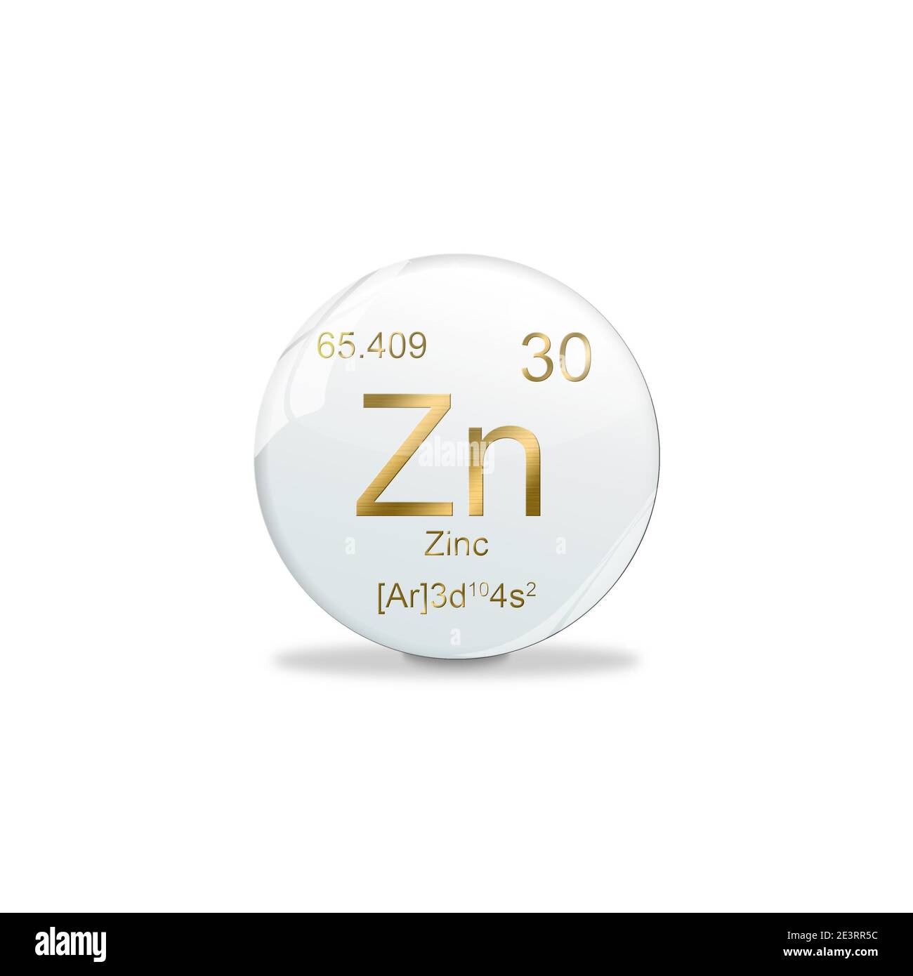 3D-Illustration, Zinc symbol - Zn. Element of the periodic table on white ball with golden signs. White background Stock Photo