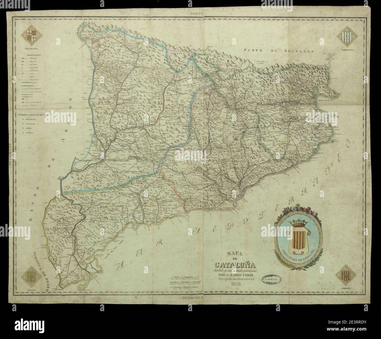 Mapa de Cataluña dividido en sus actuales provincias. Stock Photo