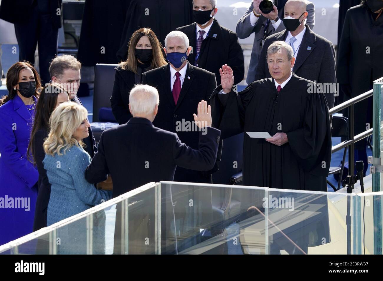 John Roberts, chief justice of the U.S. Supreme Court, right, administers the oath of office to U.S. President-elect Joe Biden, second left, during the 59th presidential inauguration in Washington, DC on Wednesday, Jan. 20, 2021. Biden will propose a broad immigration overhaul on his first day as president, including a shortened pathway to U.S. citizenship for undocumented migrants - a complete reversal from Donald Trump's immigration restrictions and crackdowns, but one that faces major roadblocks in Congress. Photo by Kevin Dietsch/UPI Stock Photo