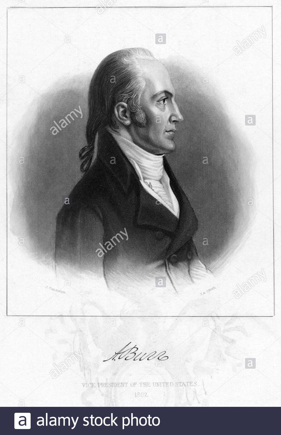 Aaron Burr Jr., 1756 – 1836, was an American politician and lawyer. He served as the third vice president of the United States during President Thomas Jefferson's first term from 1801 to 1805, vintage illustration from the 1800s Stock Photo