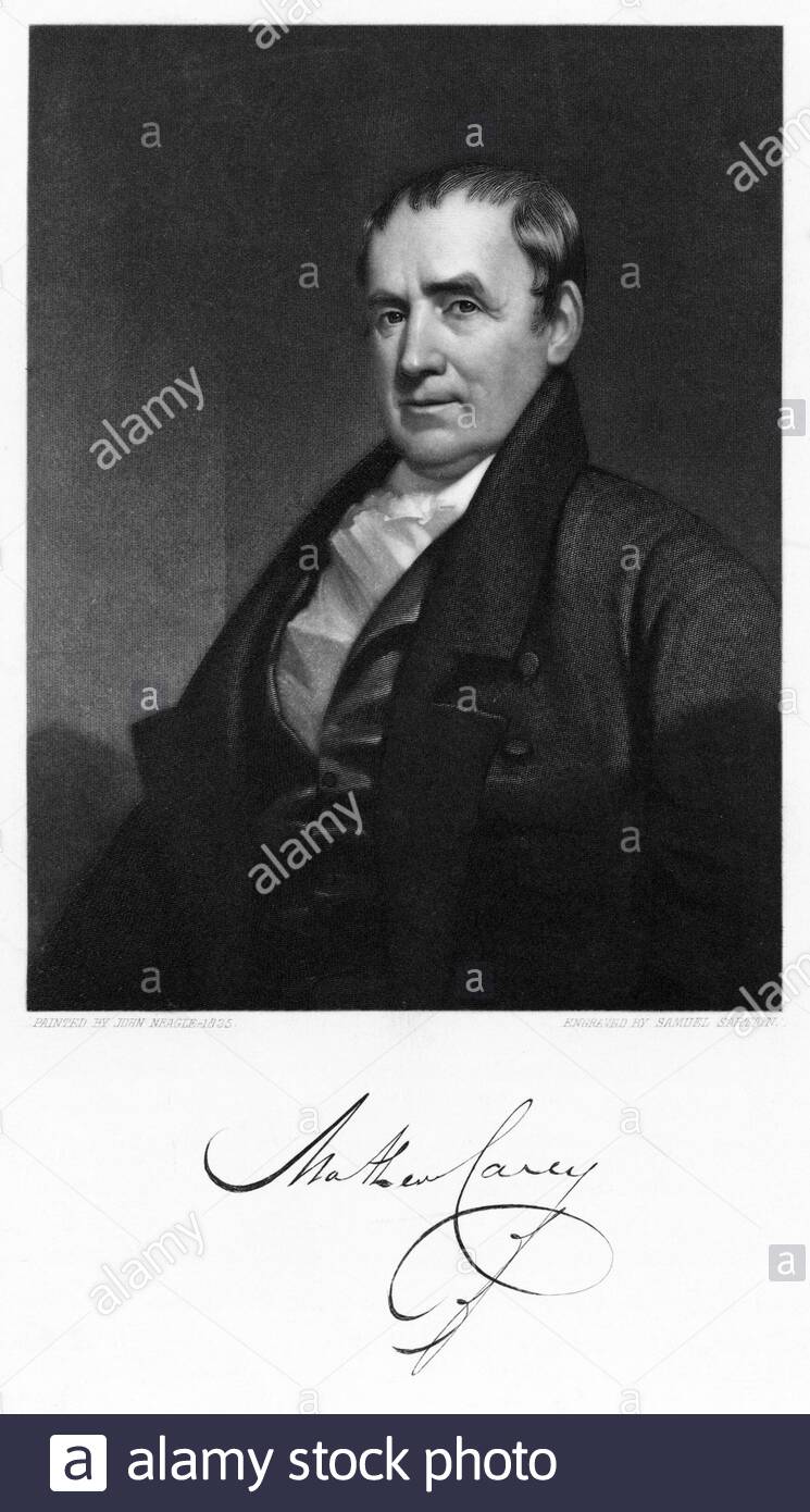 Mathew Carey portrait, 1760 – 1839, was an Irish-born American publisher and economist, vintage illustration from 1830 Stock Photo