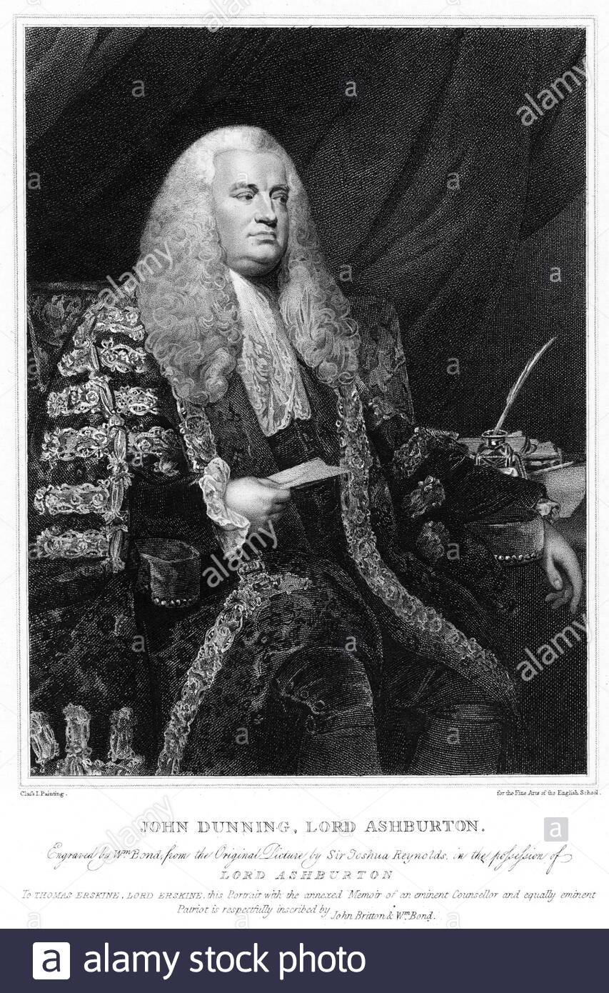 John Dunning portrait, 1st Baron Ashburton, 1731 – 1783, was an English lawyer and politician, who served as Solicitor-General from 1768, vintage illustration from 1809 Stock Photo