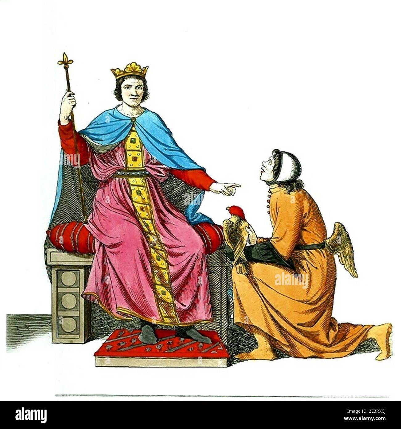 Man or King on Throne with Kneeling Man (Supplicant). Stock Photo