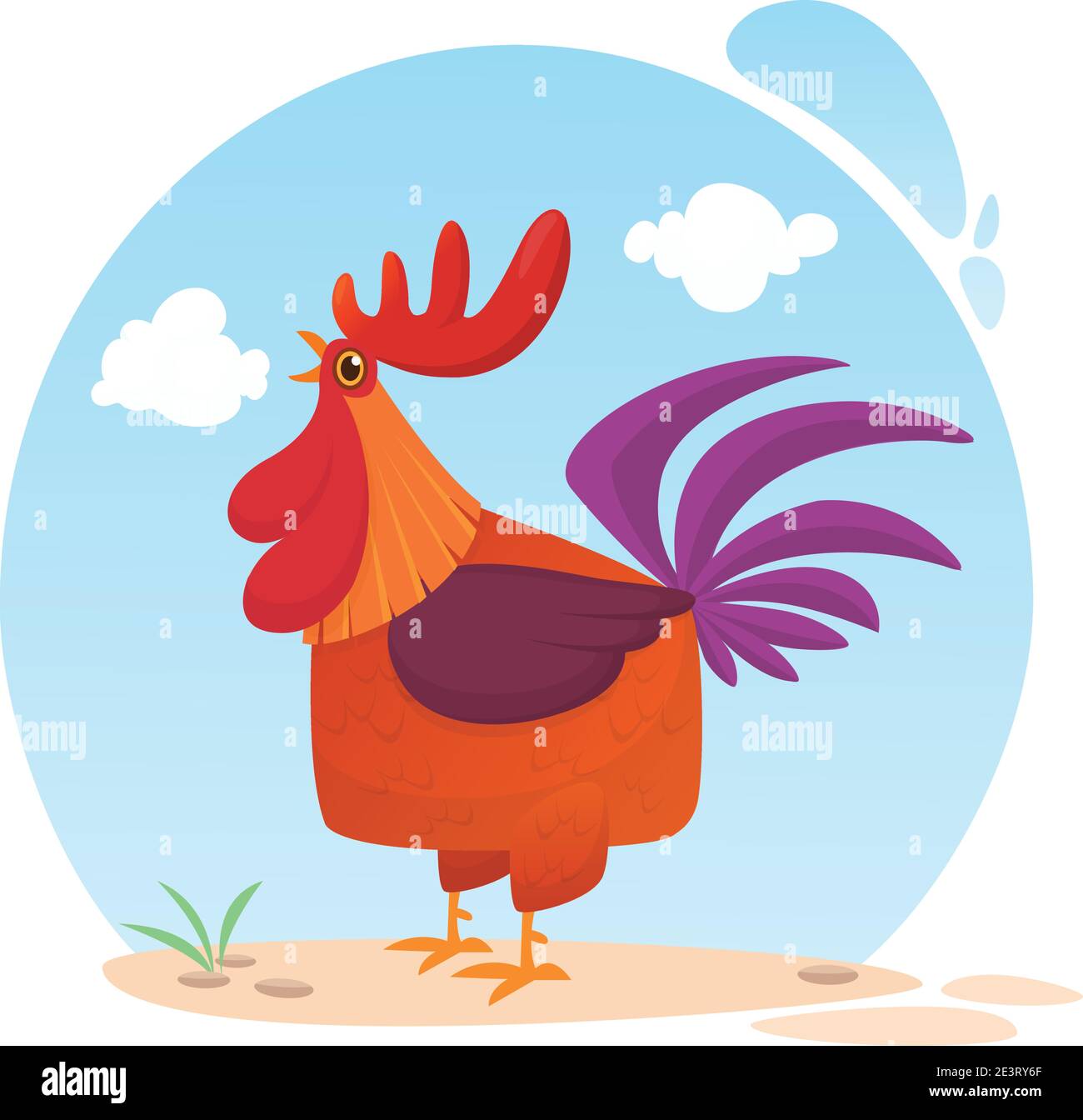 Cute vector cartoon rooster illustration isolated on summer meadow ...