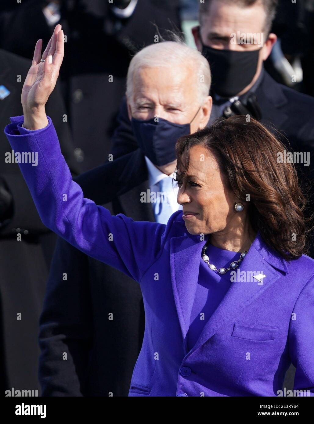 U.S. Vice President Kamala Harris waves during the inauguration of Joe Biden as the 46th President of the United States on the West Front of the U.S. Capitol in Washington, U.S., January 20, 2021. REUTERS/Kevin Lamarque Stock Photo