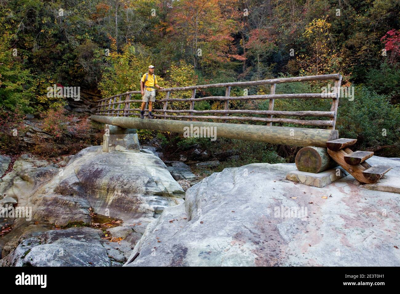 NC00281-00...NORTH CAROLINA - Hiker crossing the Linville River on bridge at the bottom of Spence Ridge Trail in the Linville Gorge Wilderness - Pisga Stock Photo