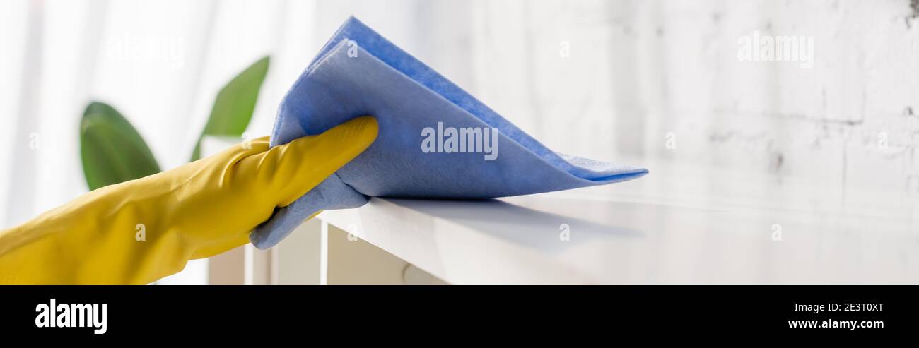 Cropped view of hand in yellow rubber glove cleaning cupboard with rag, banner Stock Photo