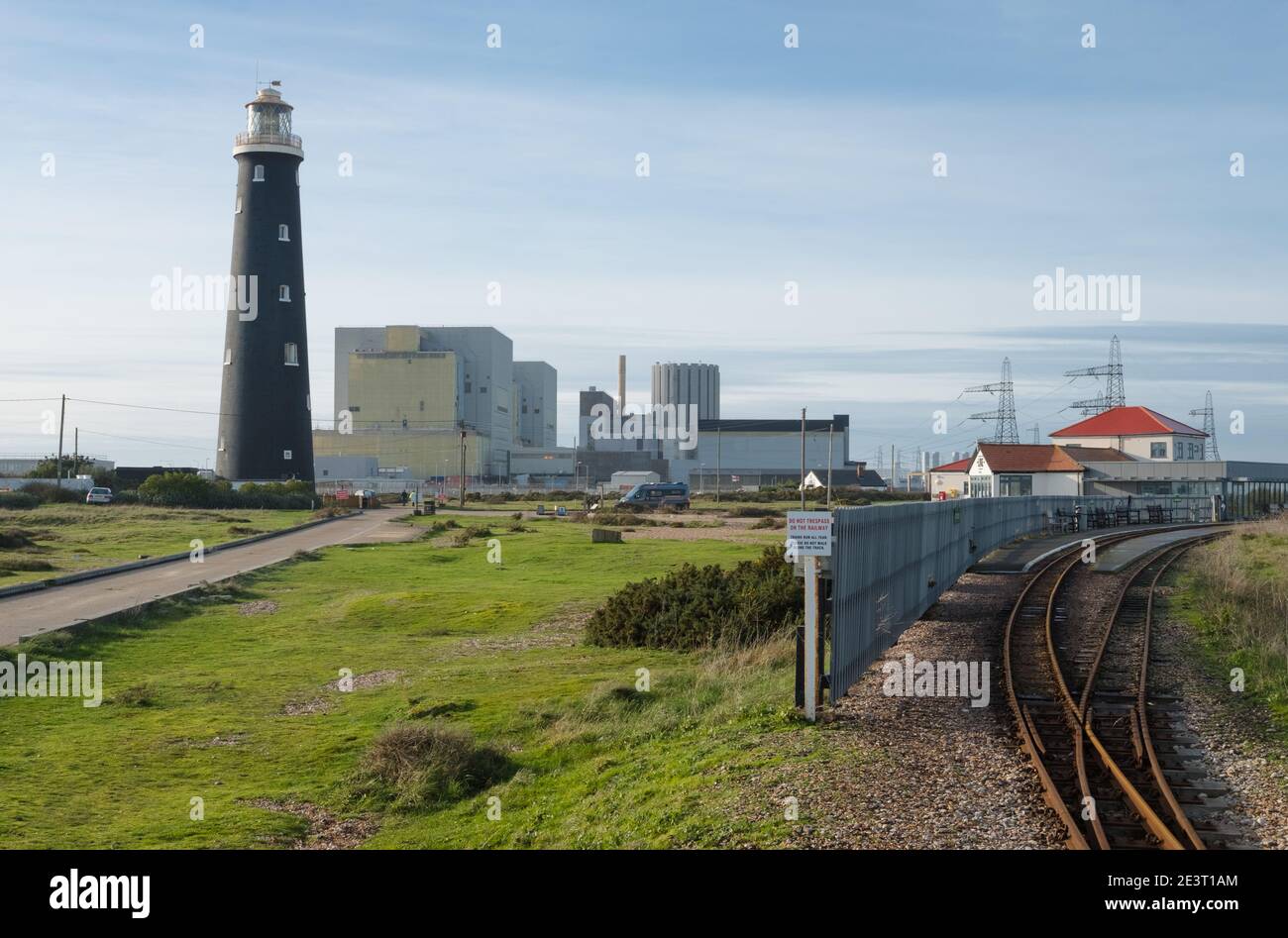 Dungeness Power Station, with the old lighthouse and light railway