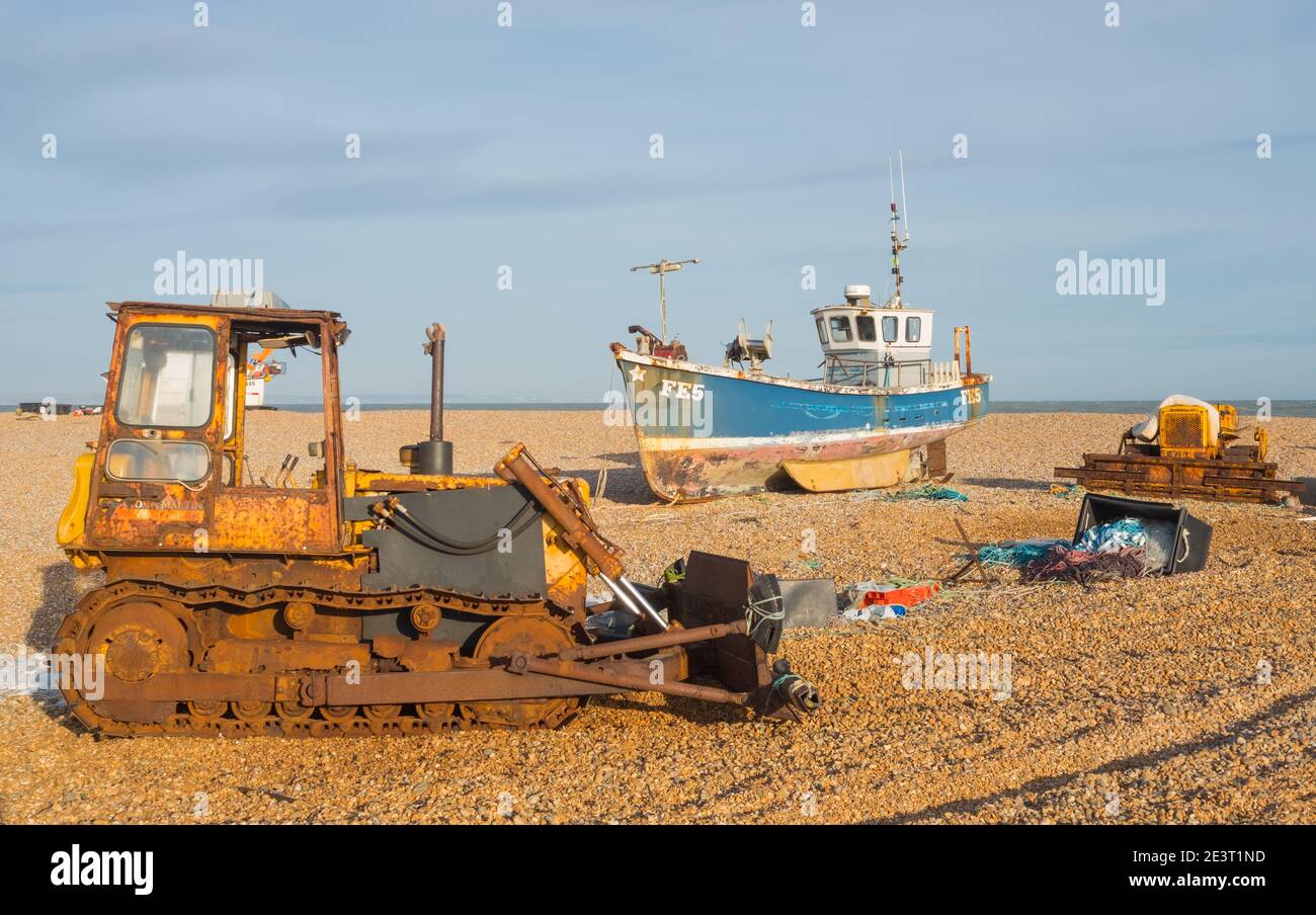 Fishing boat and bulldozer on Dungeness Beach, Dungeness, Kent Stock ...