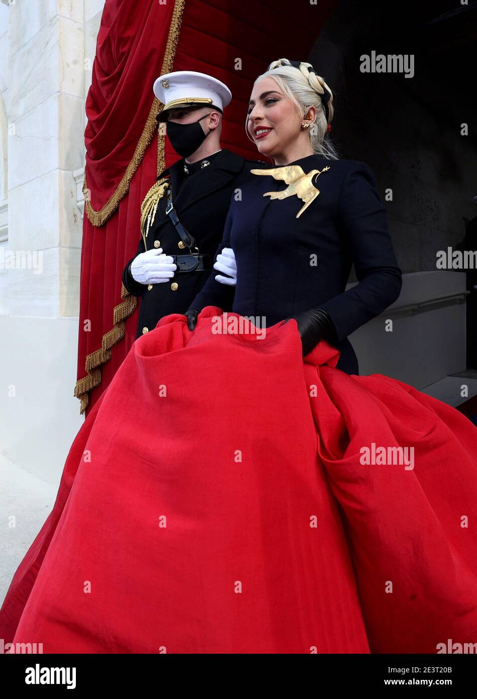 singer Lady Gaga arrives to perform "The Star-Spangled Banner" during the  inauguration of Joe Biden as the 46th President of the United States on the  West Front of the U.S. Capitol in