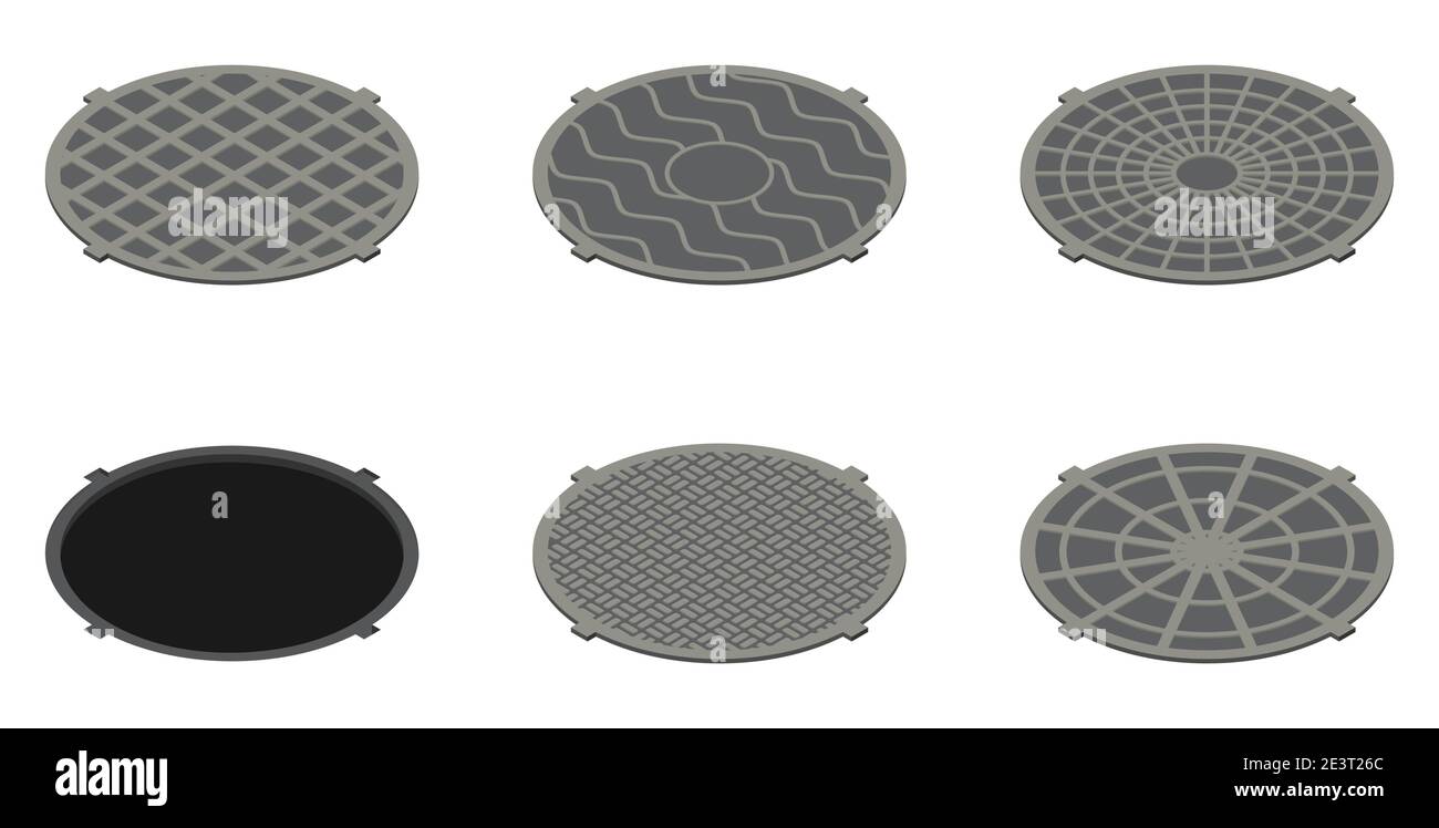 Set of isometric sewer hatches with different design isolated on white background Stock Vector