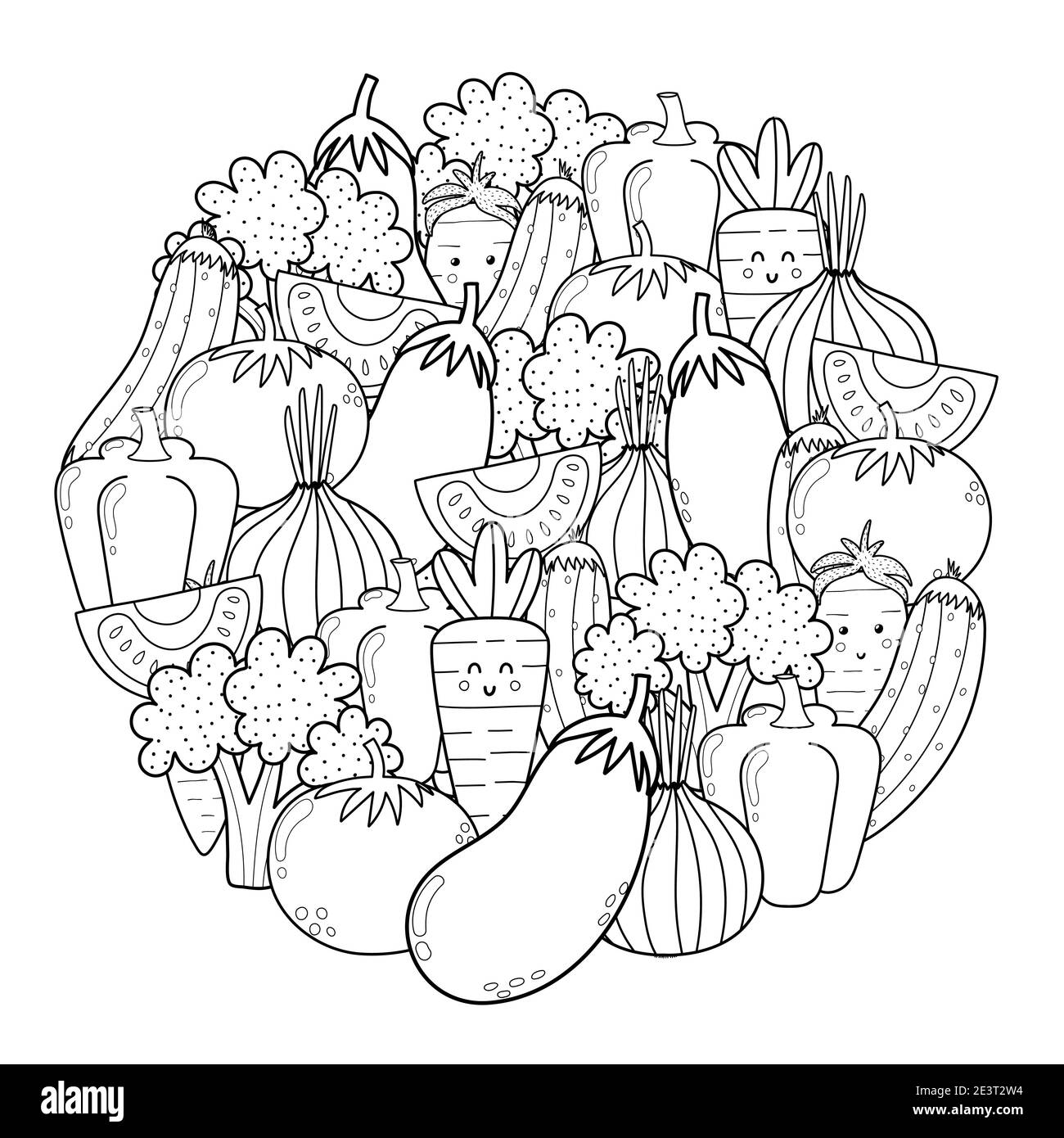 Circle shape coloring page with doodle vegetables. Eco food black and white print for coloring book Stock Vector