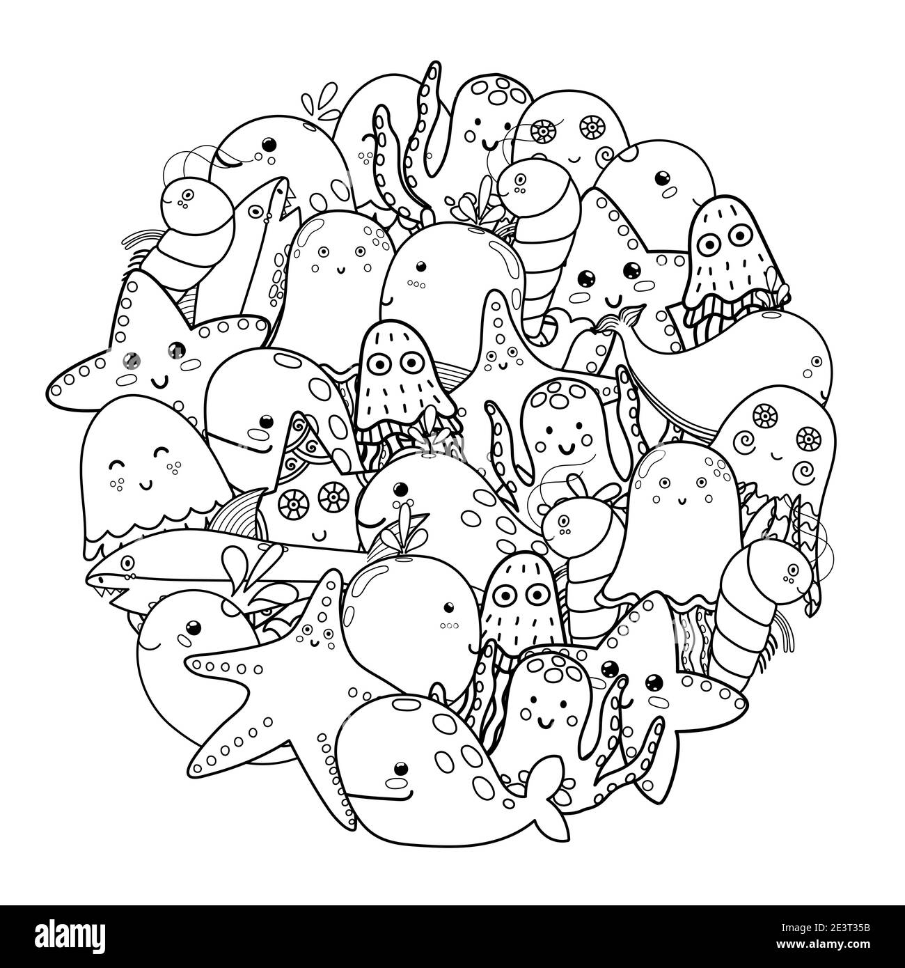 Circle shape coloring page with sea animals. Black and white print for