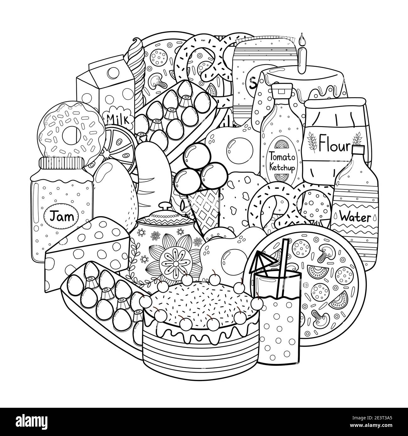 Circle shape coloring page with doodle food. Black and white outline background Stock Vector