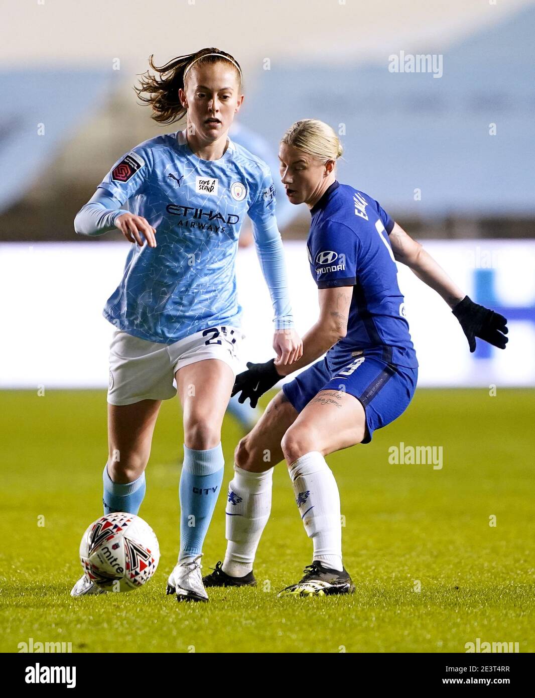 Manchester City's Keira Walsh (left) and Chelsea's Bethany England battle for the ball during the FA Continental Tyres League Cup quarter-final match at Academy Stadium, Manchester. Picture date: Wednesday January 20, 2021. Stock Photo