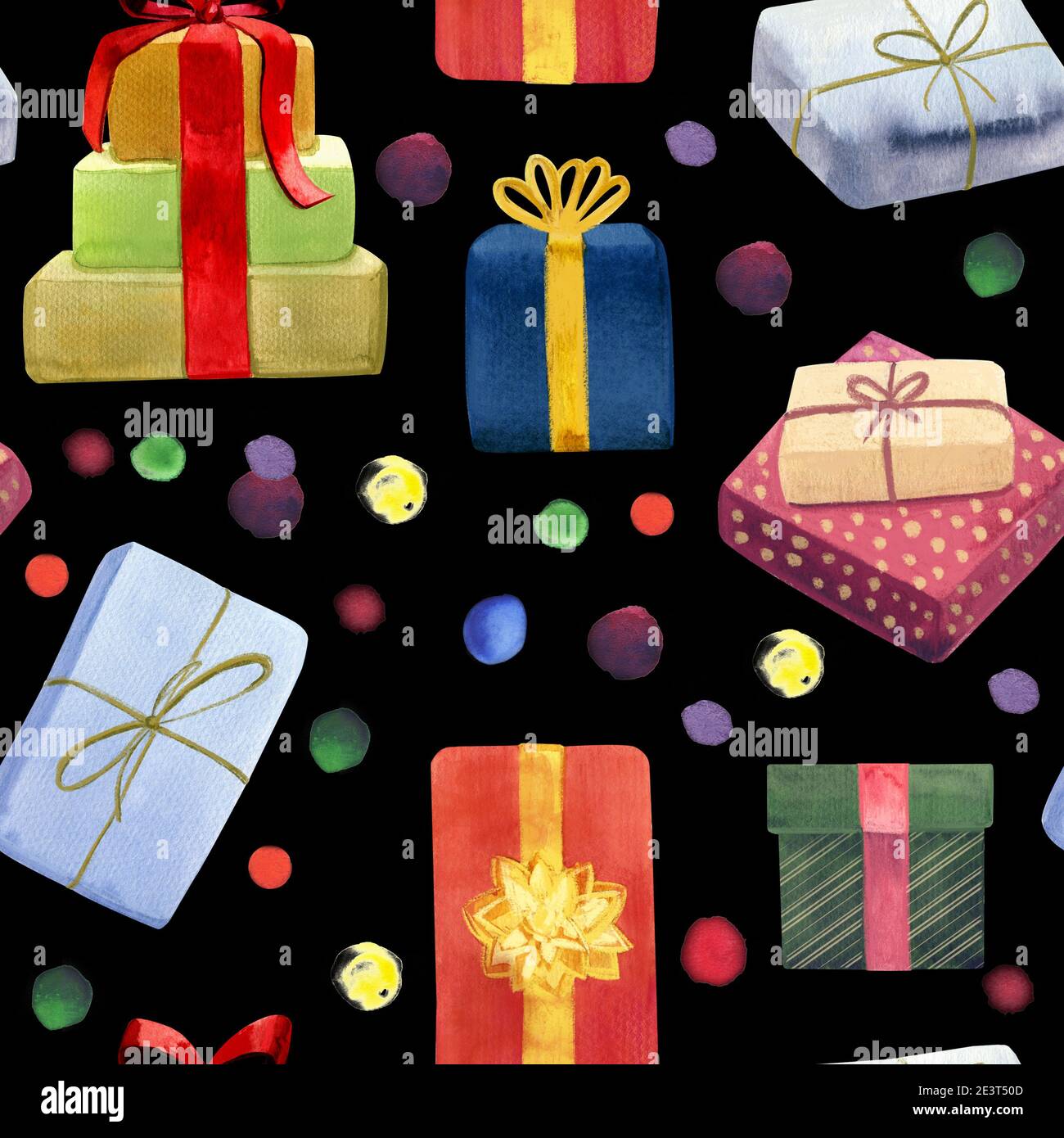 Seamless Pattern With Watercolor Illustration Gift Boxes On Black Color Stock Photo - Alamy