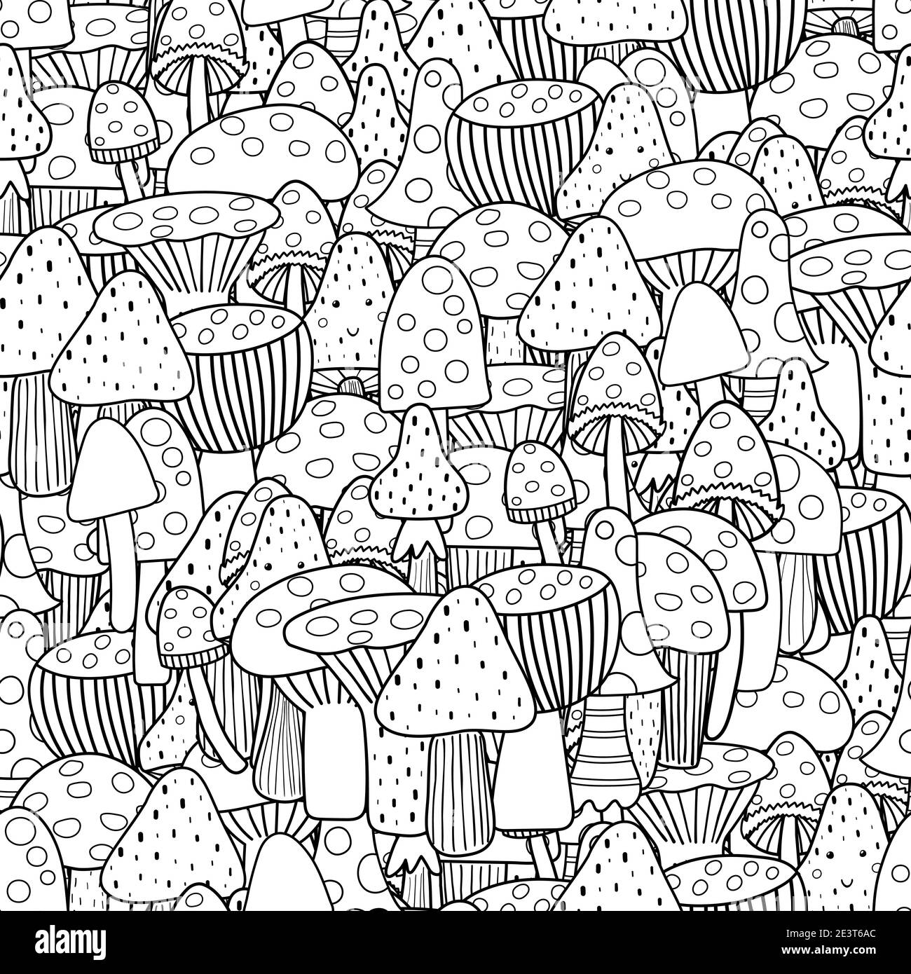 Doodle mushrooms seamless pattern. Fantasy forest coloring page. Black and white print  Stock Vector