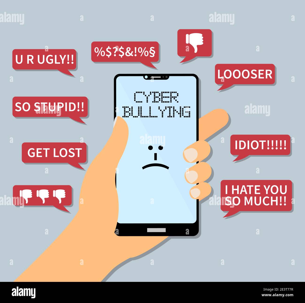 cyber bullying concept, hand holding smartphone with insulting text messages vector illustration Stock Vector