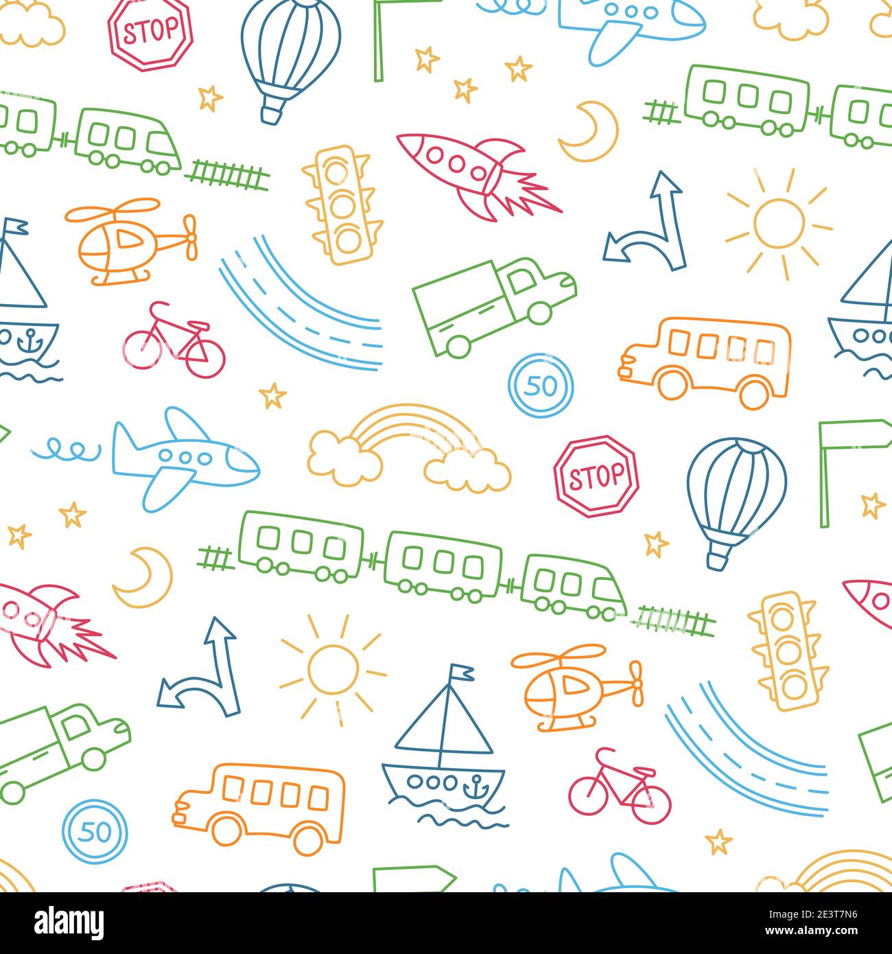 Children drawing of cars, train, plane, helicopter and rocket. Doodle ...