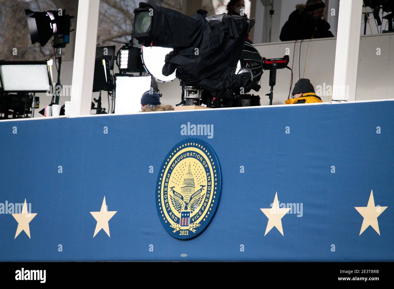 Washington, USA. 20th Jan, 2021. The Presidential Inauguration Seal on the press risers at the White House in Washington, DC, on Inauguration Day, January 20, 2021. Today, President Elect Joe Biden and Vice President Elect and Kamala Harris will be Inaugurated at the U.S. Capitol, where 2 weeks earlier an insurrectionist mob tried to disrupt the certification of the Electoral College. (Graeme Sloan/Sipa USA) Credit: Sipa USA/Alamy Live News Stock Photo