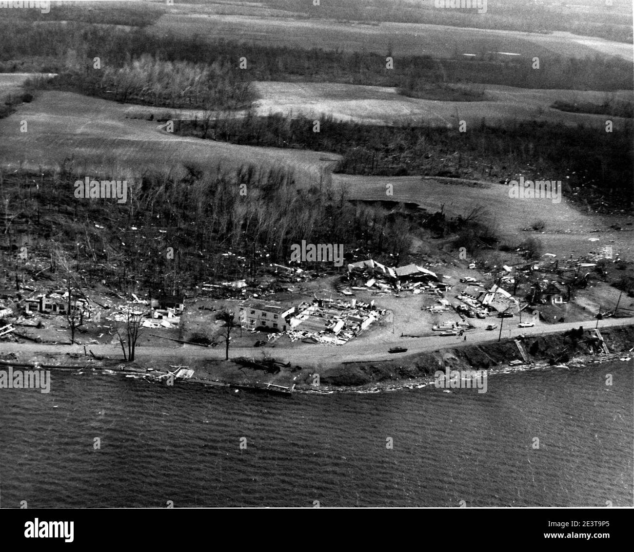 Manitou Beach and Devils Lake after the passage of the F4 tornadoes on April 11, 1965. Stock Photo