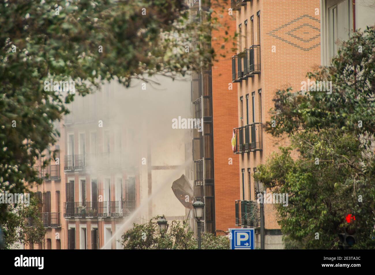 A strong explosion has partially destroyed a building located in the center of Madrid at three in the afternoon this Wednesday, causing at least three Stock Photo