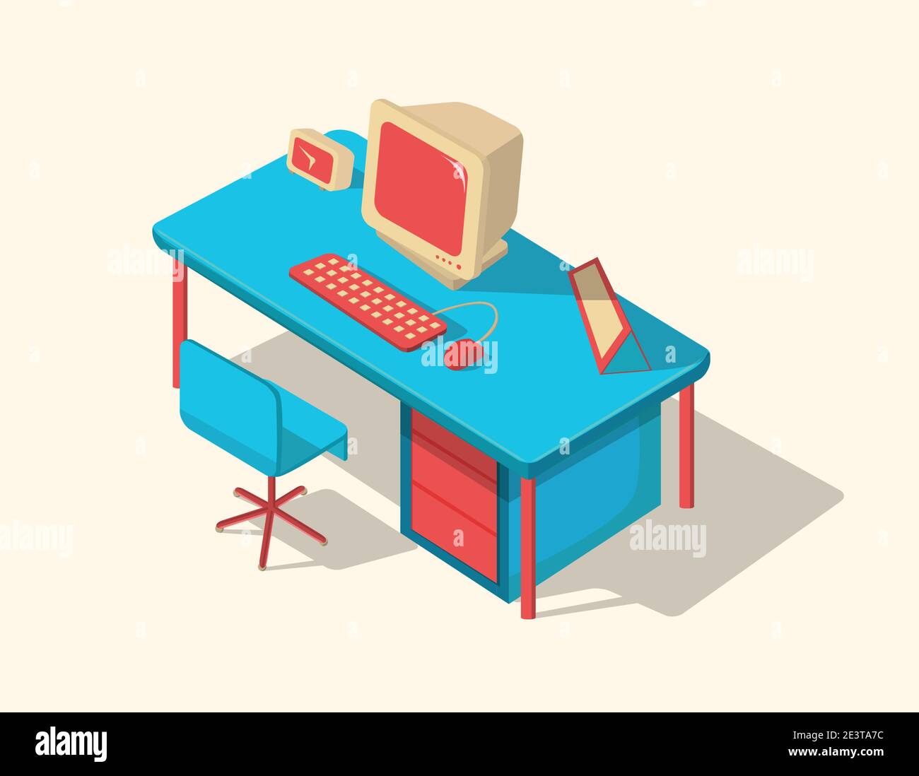 Isometric work table vector illustration with computer, calendar, clock. Stock Vector