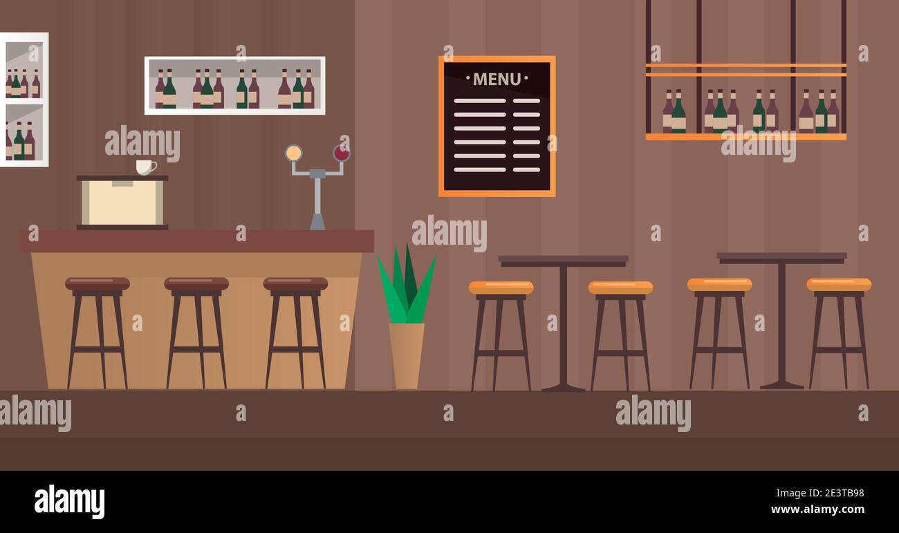 tables and chairs with bar restaurant scene vector illustration design