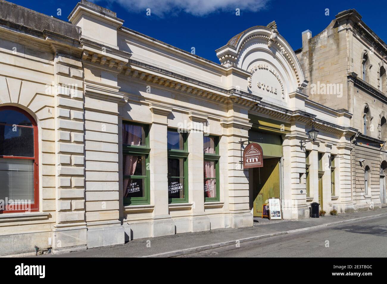 The former Grain & Seed Merchants Store, now Oamaru's Victorian Past museum, South Island, New Zealand. Stock Photo