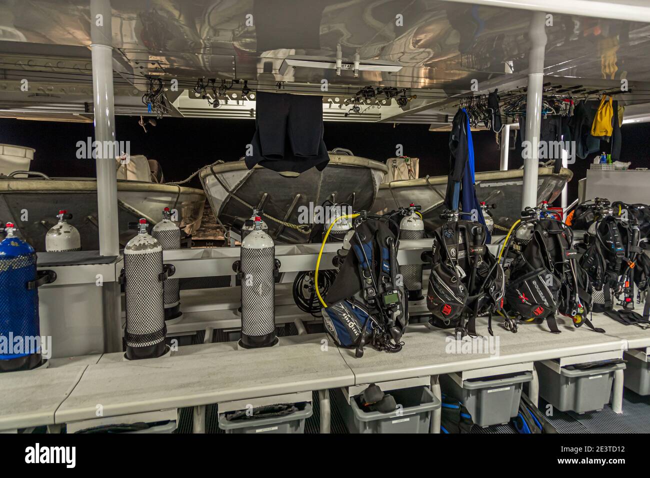 Diving equipment aboard the True North expedition ship Stock Photo