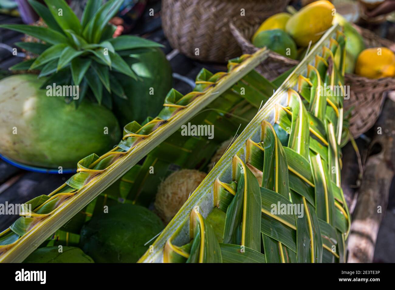 Basket made of tropical leaves in Papua New Guinea Stock Photo