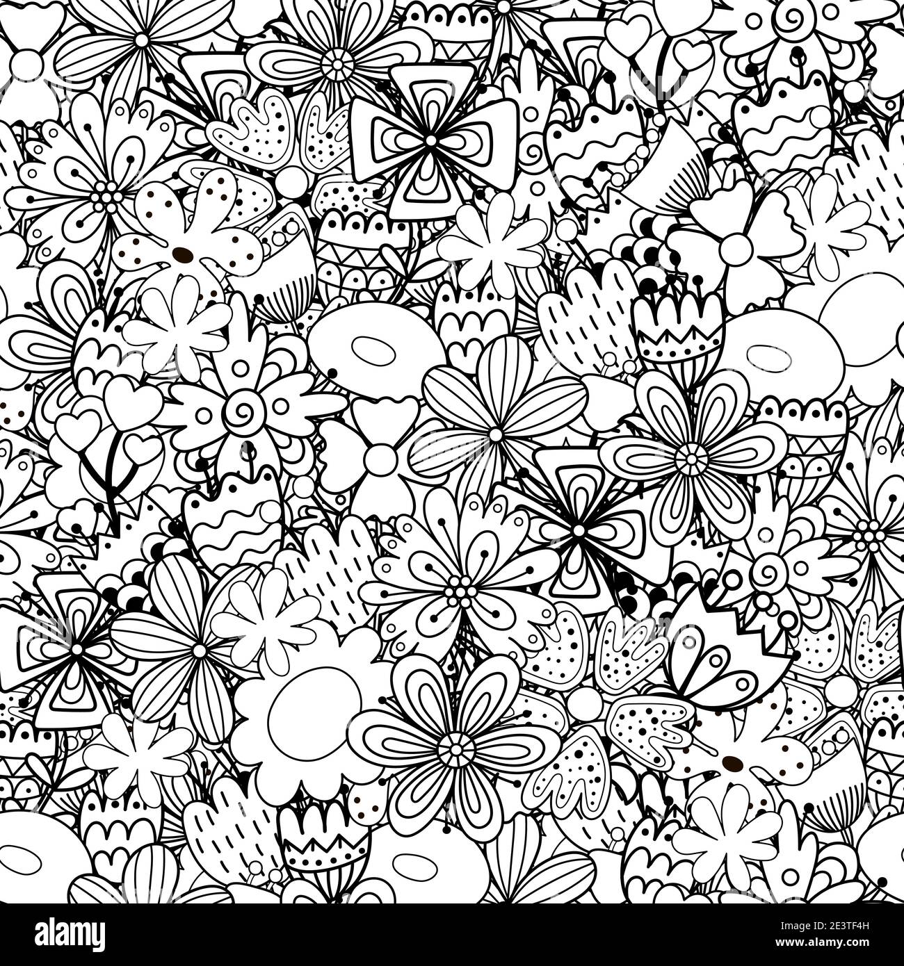 Doodle flowers seamless pattern. Whimsical nature coloring page. Black and white floral print Stock Vector