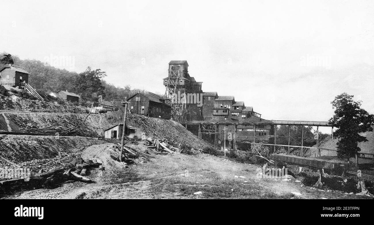 This is the Hadleigh Breaker in Sugar Notch, Pennsylvania. The breaker was owned by the Crescent Coal mining Company in nearby Wilkes-Barre, PA. Originally owned by the Crescent Coal Company from 1896 to 1901; the ownership of the breaker past on to the Pittston Coal Mining Company in 1902. Stock Photo
