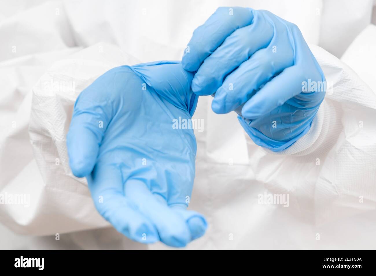 Doctor or nurse in protective PPE suit putting on rubber blue gloves before work with coronavirus patient or test samples or vaccination Stock Photo