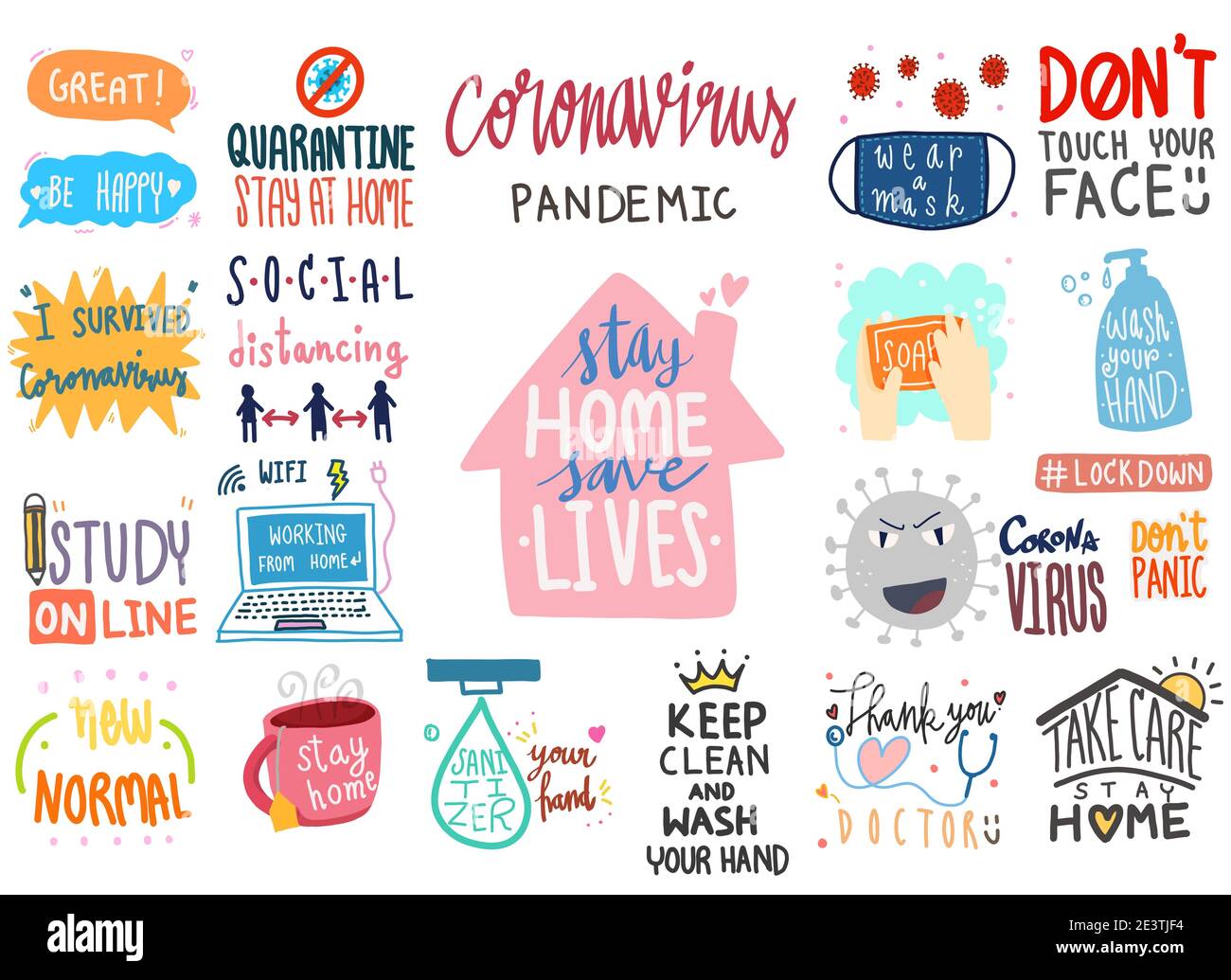 coronavirus covid-19 lettering doodle banner digital sticker concept. collection set of illustration hand drawn cartoon lettering about corona virus Stock Photo