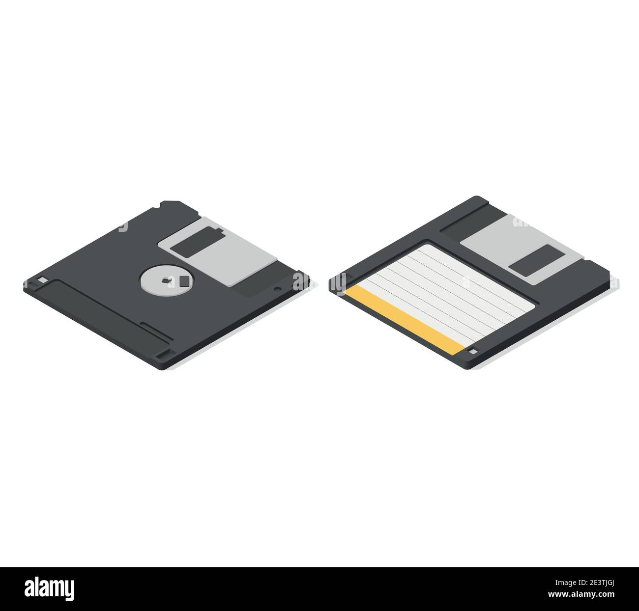 2 sides of an old technology floppy disc isolated on white background. Data storage vector illustration in isometric 3D style. Stock Vector