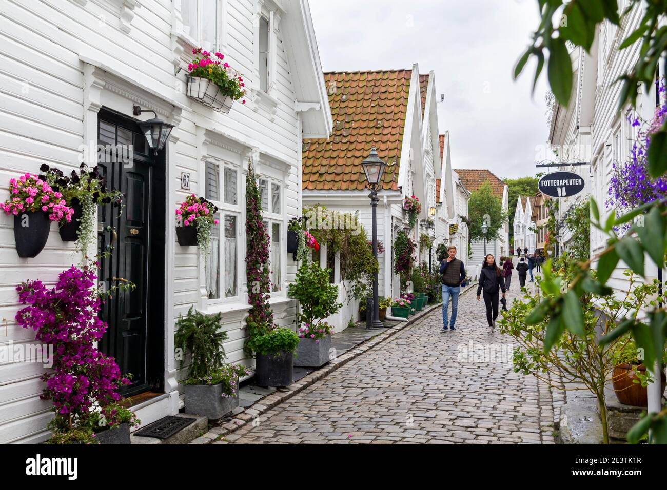 Gamle Stavanger, an historic area of the old city with restored white wooden buildings from 18th and 19th century Stock Photo