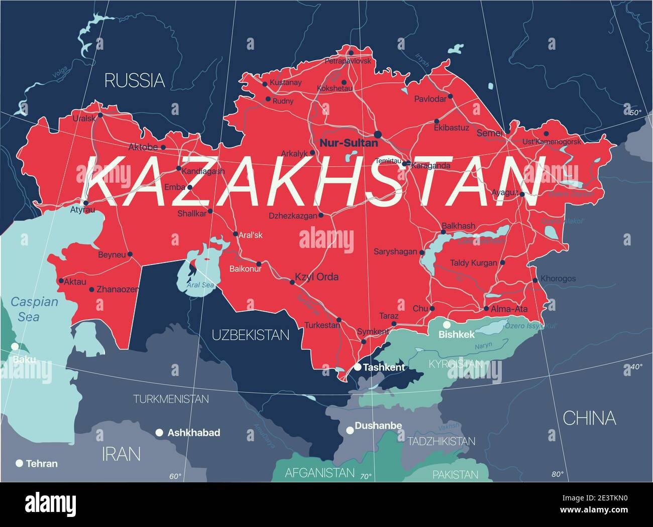 Kazakhstan country detailed editable map with regions cities and towns, roads and railways