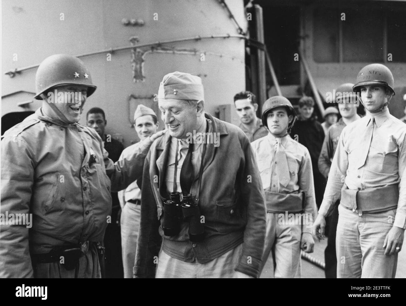 Major General Patton and Rear Admiral Hewitt on USS Augusta (CA-31), circa in November 1942 Stock Photo