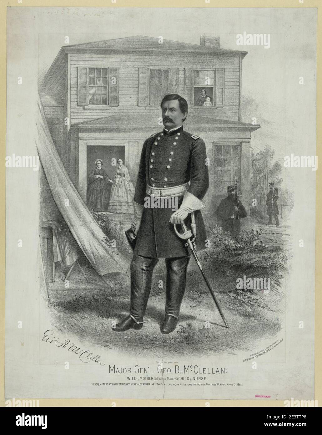 Major Gen'l. Geo. B. McClellan, wife, mother (Mrs. Gen. Marcy), child, nurse, headquarters at Camp Seminary, near Alexandria Va., taken at the moment of embarking for Fortress Monroe, April Stock Photo