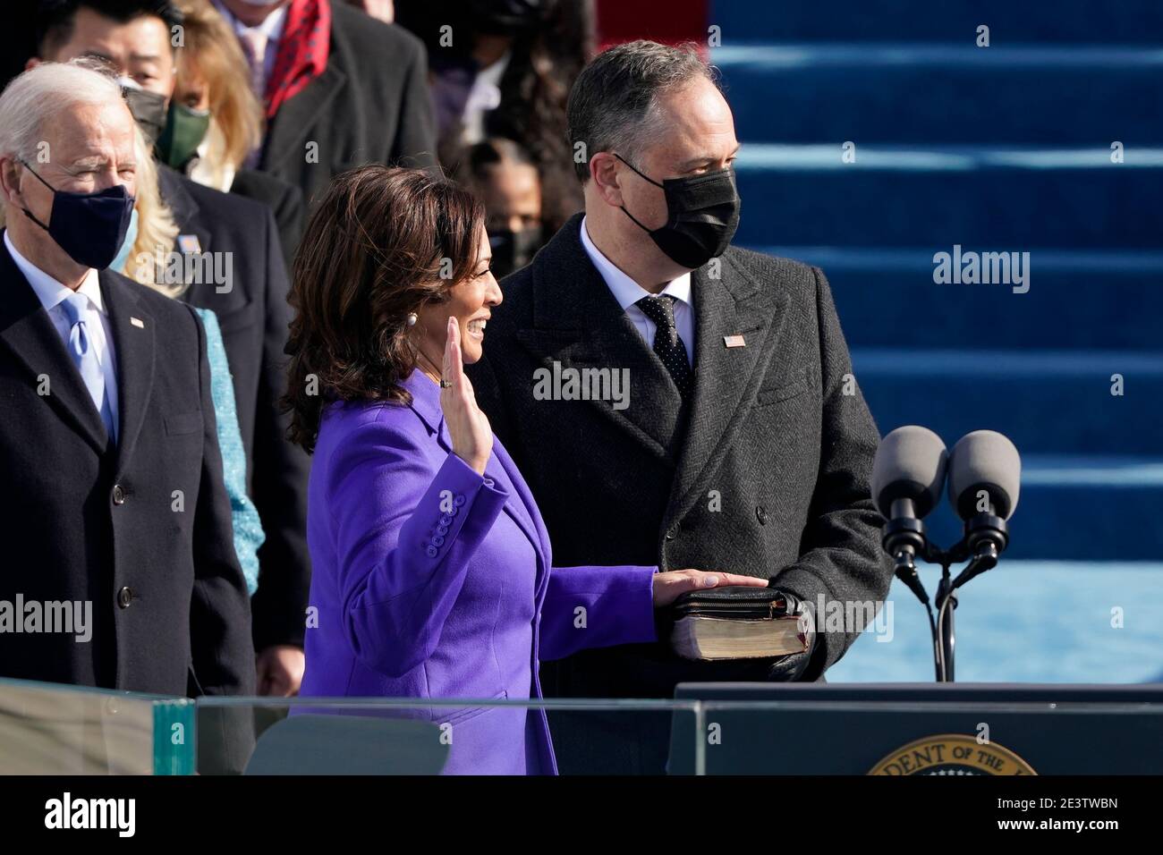 Kamala Harris is sworn in as vice president by Supreme Court Justice Sonia Sotomayor as her husband Doug Emhoff holds the Bible during the 59th Presidential Inauguration at the U.S. Capitol in Washington, Wednesday, Jan. 20, 2021. (AP Photo/Patrick Semansky, Pool)/MediaPunch Stock Photo